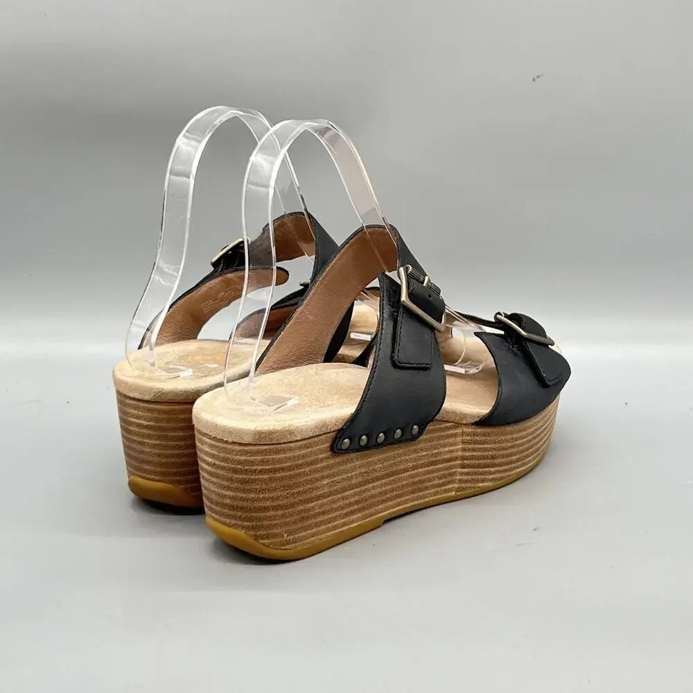Dansko Sandals Womens 8.5 Black Leather Slingback Buckle Platform Wedge Shoes